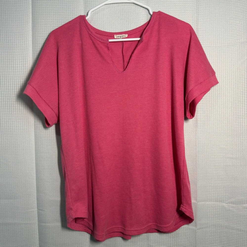 Jodifl‎ Waffle Knit Top Womens S Pink Notch V-Neck Short Sleeve Casual